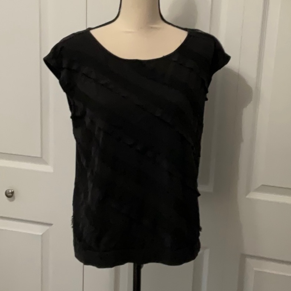 Ann Taylor Loft Sleeveless Top with diagonal ruffles, Large, Black